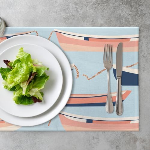 Nautical Small Boats Linen Placemats, Seaside Marine Table Mats for Table Washable Heat Insulation Thick Dining Mat, Indoor/Outdoor 12X18 in 6 Pcs