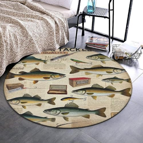 Fashion Round Area Rug Large Non Slip Carpet, Farmhouse Fishing Unisex Home Decor Mat
