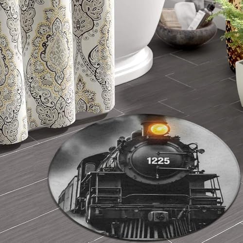 Men's Large Home Decor Mat, Soft Round Yoga Carpet, Non Slip Machine Washable Home Office Circle Rug Black Steam Train
