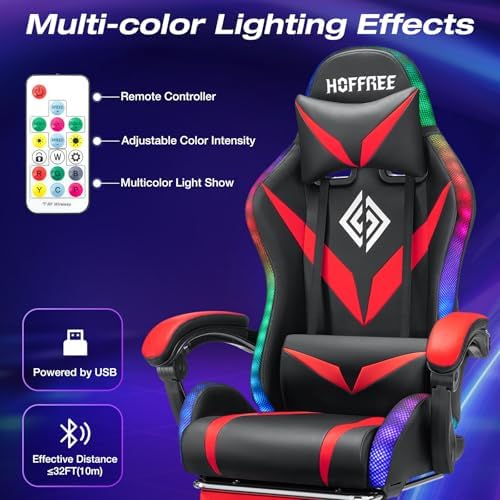 HOFFREE Gaming Chair with LED RGB Lights Massage Ergonomic Video Game Chairs with Footrest High Back Reclining Computer Chair with Adjustable Lumbar Support Red and Black