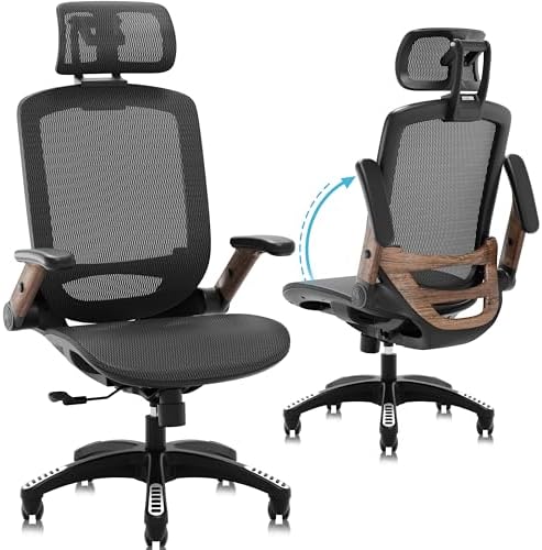 GABRYLLY Ergonomic Office Chair, High Back Home Desk Chair with 2D Flip-Up Arms, 3D Headrest, 90-120° Tilt and Wide Cushion, Big and Tall Mesh Chairs for Man Woman, Computer Task Chair Dark Wood Grain