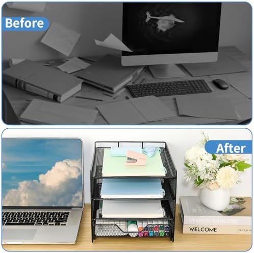 OPNICE Desk Organizer, 4-Tier Desktop File Organizer with Drawer, Office Desk Accessories, File Sorters, Workspace Organizers for Office Supplies(Black Upgraded)