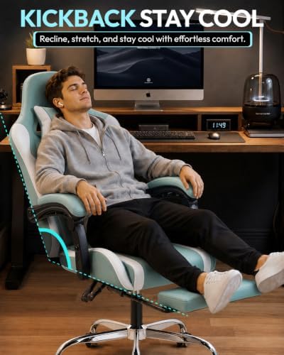 Dowinx Ergonomic Gaming Chair with Footrest & Massage Lumbar, 2D-Linkage Armrests for Computer Chair 330lbs with Headrest Pillow for Office, Home, Streaming and Long Gaming Sessions, Fabric Blue White