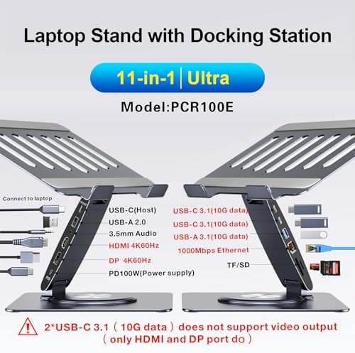 Laptop Docking Station Stand 11-IN-1 Triple Display HDMI DP 4K60Hz Gigabit Ethernet USB3.1 PD100W SD/TF Card Reader Audio 360°Swivel Laptop Stand with USB Hub for MacBookPro/Air/Dell/HP/Surface/Lenovo