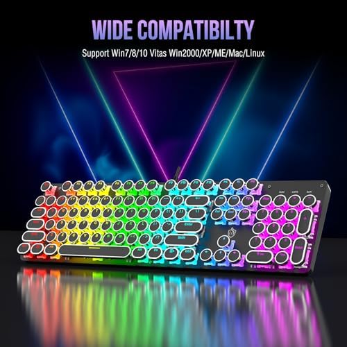 Typewriter Mechanical Gaming Keyboard with RGB Backlit Red Switches, 104 Keys Retro Round Keycap, Wired Typewriter Style Comfortable Typing Soud (R-Black)