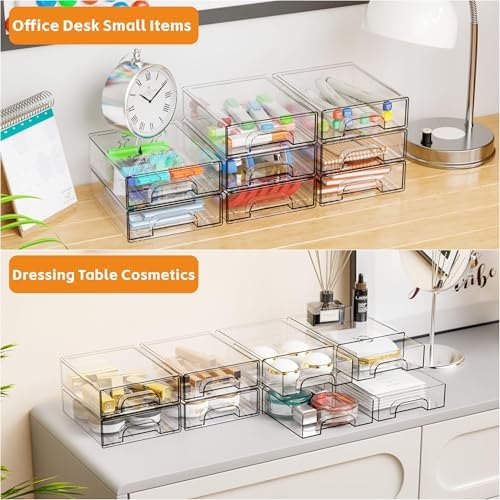 Yieach 2.2'' High Small Clear Stackable Storage Drawers,4 Pack Desk Organization and Storage Bins,Plastic Office Supply Organizer,Acrylic Drawer Storage Organizer for Makeup,Accessory,Pen,Art Crafts