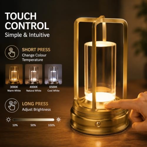 Cordless Outdoor Table Lamp, Rechargeable LED Patio Lamp, Dimmable, Gold
