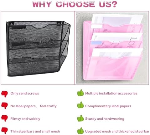 3 Pockets Mesh Wall File Holder Organizer Office Hanging File Folder Magazine Rack, Nametag Label Hooks Set Included (Pink)