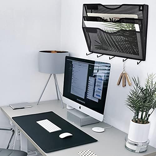 EASEPRES 3 Pocket Mesh Hanging File Organizer with Key Holder Hooks & Nametag Label, Wall Mounted Mail Paper Document Folder Clipboard Storage Organization Magazine Rack for Office Cubicle, Black