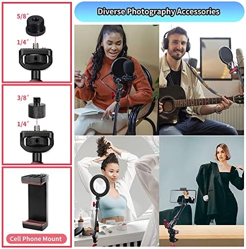13"/34cm Magic Arm w Clamp, Camera Mount & Clamp w 1/4" 3/8" Threads and Articulating Friction Magic Arm, Overhead Phone Mount, Camera Boom Arm Mount for Light Webcam Mic Action Camera Monitor