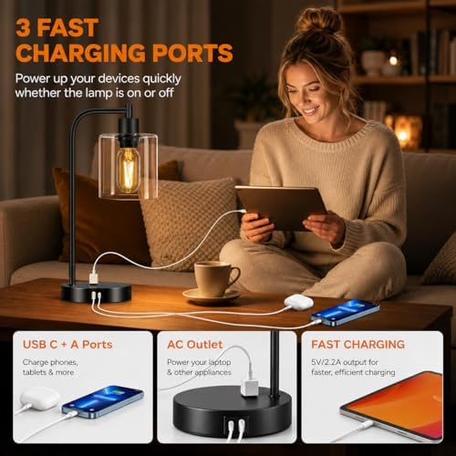 Industrial Touch Control Table Lamps Set of 2 - Black Bedside Lamps with 2 USB Ports and AC Outlet, 3-Way Dimmable Nightstand Desk Lamps for Bedroom Living Room, Glass Shade & 2 LED Bulbs Included