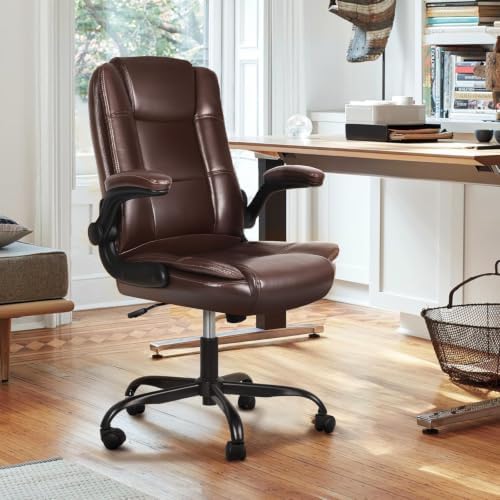Ergonomic Office Chair with Flip-up Armrests, Big and Tall Leather Executive Office Chair, High Back Lumbar Support Home Computer Desk Chair, Heavy and Duty Computer Chair (Brown)