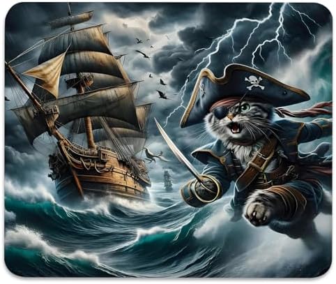 Funny Pirate Cat Ocean Adventure Mouse Pad, Ship Sailing Desk Mat