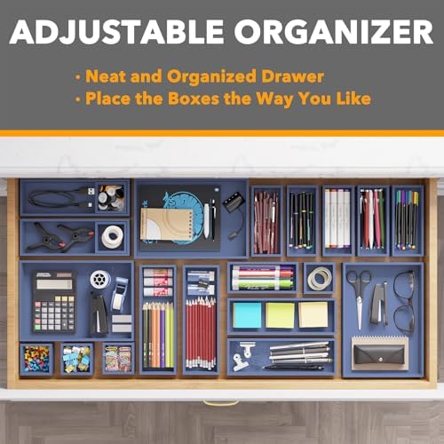 SpaceAid 21-Piece Bamboo Drawer Organizer Storage Boxes Set, Wood Tray Junk Drawer Organizers Multi-Use Divider Bins for Kitchen, Bathroom, Office Desk and Makeup Organization (21 Pack, Navy Blue)