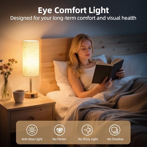 2PCS Table Lamp for Bedroom, Dimmable Touch, AC Outlet, USB A+C
