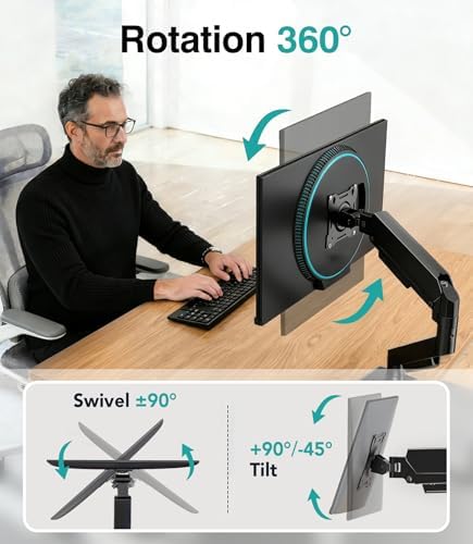Single Monitor Arm, Monitor Mount for 17-32 inch Screens Gas Spring Adjustable Monitor Stand, Vesa Mount with Clamp and Grommet Aluminum Base - Fits 4.4 to 22lbs LCD Computer Monitors AX09DB01-1