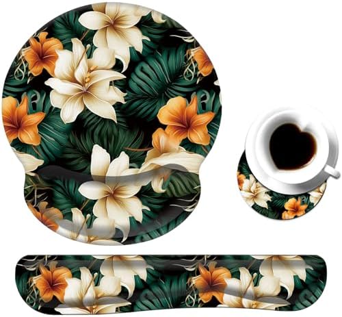 Keyboard Wrist Rest and Mouse Pad Wrist Support Set with Coaster,Ergonomic Mouse Pad,Comfortable for Easy Typing, Pain Relief,Memory Foam Keyboard Pad Set for Laptop Mac,White Brown Flowers