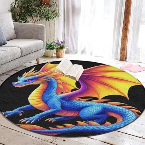 Men's Large Home Decor Mat, Soft Round Yoga Carpet, Non Slip Machine Washable Home Office Circle Rug Colorful Dragon
