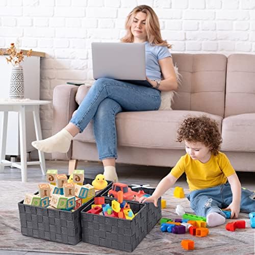 Posprica Woven Storage Baskets for Organizing 6 Pack, Large&Small Storage Cube Bins Set for Bathroom, Storage Boxes Container for Drawer, Closet, Shelf, Dresser, Dark Grey