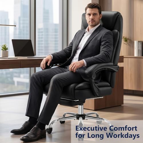 Ergonomic Office Chair Executive PU Leather High Back, 400lbs Heavy Duty Reclining Desk Chair with Footrest, Adjustable Lumbar Support, Padded Armrests, Wide Seat, Black