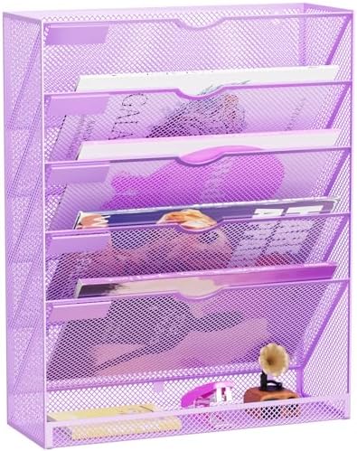 Hanging Wall File Organizer 6 Tier Wall Mounted Mail Paper Folder Holder Document Organization Stand, Vertical Desk Magazine Rack for Office Home Cubicle Countertop, Light Purple