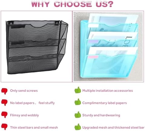 3 Pockets Mesh Wall File Holder Organizer Office Hanging File Folder Magazine Rack, Nametag Label Hooks Set Included (Blue)