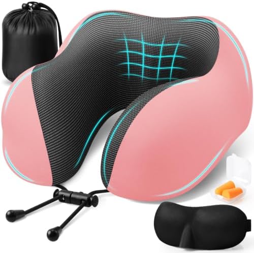 ExploreBliss Travel Pillow, Memory Foam Neck Pillow Airplane, Pink