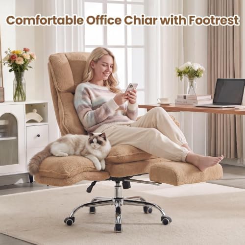 Big and Tall Office Chair with Flip Arms and Footrest, Teddy Criss Cross Legged Home Office Desk Chair with Pet Seat, Comfy Reclining Computer Gaming Chair, Khaki