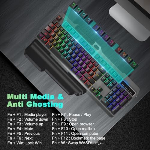 cimetech Wired Gaming Keyboard, Rainbow LED Backlit Anti-ghosting Computer Keyboard with Wrist Rest, Spill-Resistant Design, Multimedia Keys, Quiet Ergonomic Keyboard for Windows Laptop PC Mac