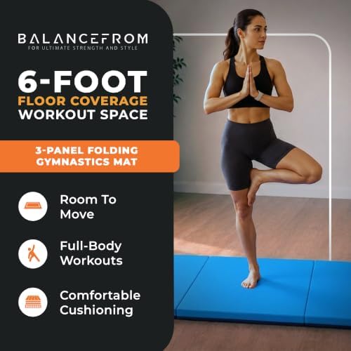 BalanceFrom 6x2 Feet 3-Panel Folding Gymnastics Mat – 2-Inch Thick Pad with Vinyl Surface and Carrying Handles for Tumbling, Yoga, Pilates, Home Workouts, and Martial Arts