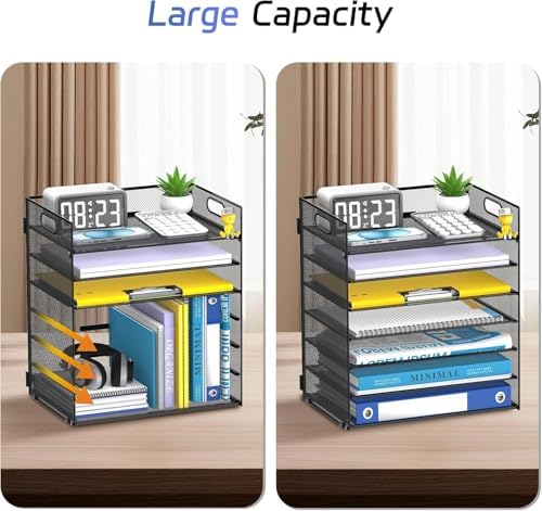 7 Tier Paper Organizer for Desk with Mesh Letter Trays and Handle 2 Pack