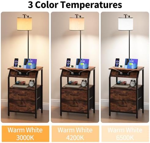 End Table with Floor Lamp, Nightstand with Charging Station, Floor Lamp Table with 3-Color Temperature Bulb, Bedside Table Night Stand with 2 Drawers for Bedroom, Living Room, Brown
