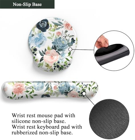Green Blue Pink Floral Mouse Pad Wrist Support Keyboard Wrist Rest Set, Ergonomic Mouse Pad with Non-Slip Pu Base for Computer Office Comfortable Mouse Wrist Rest Easy Typing & Pain Relief Mouse Pad.