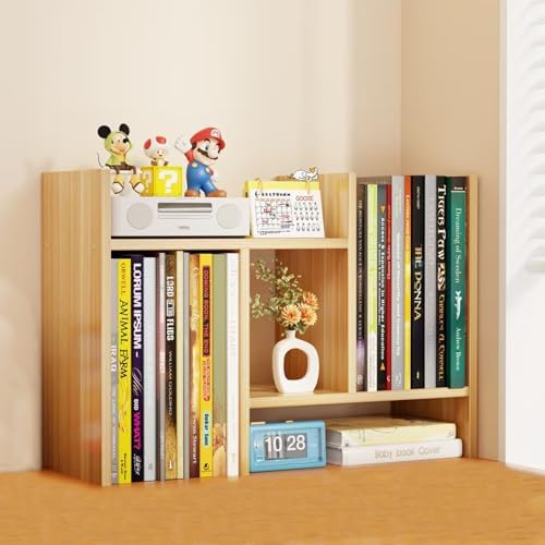 Desktop Shelf Organizer, Adjustable Wood Office Storage Rack, Counter Display Small Bookshelf for Home/Office/School(Light Walnut)