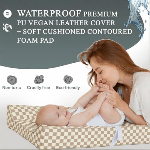 Vegan Leather Contoured Baby Changing Pad | Waterproof & Wipe-Clean PU Leather Diaper Change Mat, Soft, Wipeable Cover, Safety Strap, Non-Slip Bottom, Topper for Standard Infant Diaper Table & Dresser