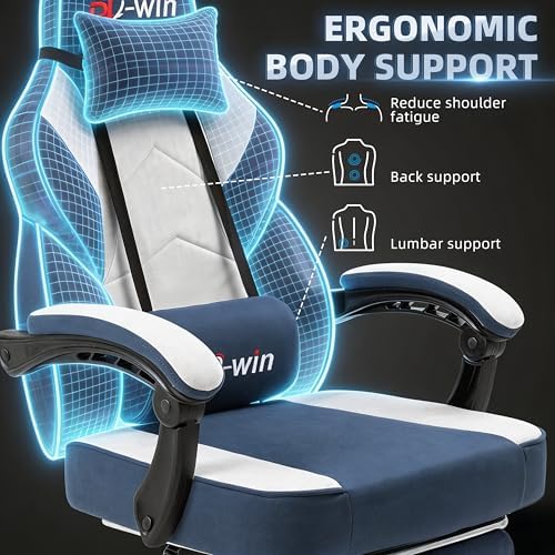 Shintenchi Big and Tall Gaming Chair Fabric Pocket Spring Cushion,High Back Recliner with Footrest and Headrest for Adults, Massage Lumbar Support for Home Office, Ergonomic Computer Desk Chair, Blue