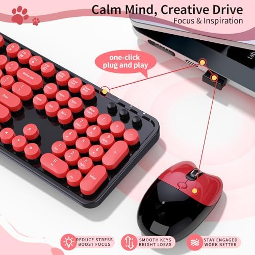 Wireless Keyboard Mouse Combo, 104 Keys Cute Colorful Typewriter Black Red