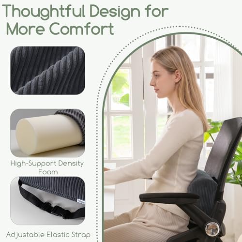 Lumbar Roll Lumbar Support Pillow for Office Chairs, Cars, and Gaming Chairs, Back Cushion with Washable Cover & Adjustable Strap to Relieve Back Pain and Improve Posture, 15"x6"x5", Dark Grey