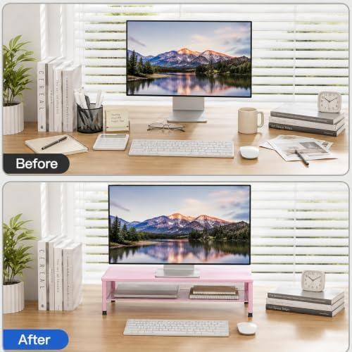 OPNICE 2-Tier Computer Monitor Stand Riser, Laptop Stand for Desk, Desk Organizer for Office, Home and School Supplies, Pink