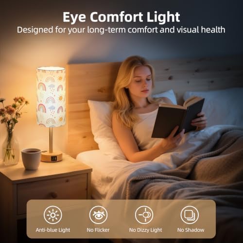 Bedside Table Lamp, Dimmable Touch, AC Outlet, USB A+C (SunRainbow)