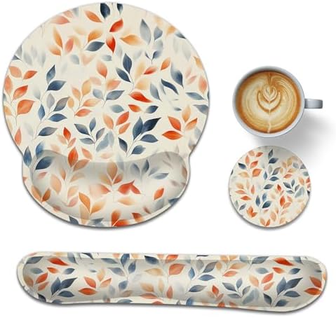 Ergonomic Keyboard and Mouse Wrist Rest Set, Autumn Leaves Mouse Pad with Non Slip Base, Soft Cloth Surface for Office and Home Typing Support