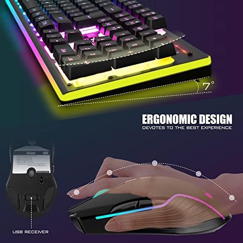 RedThunder K10 Wireless Gaming Keyboard and Mouse Combo, RGB Backlight Rechargeable 3800mAh Battery, 26-Key Anti-ghosting Keyboard + 7D 3200DPI Mice for PC Gamer