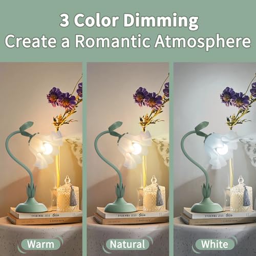 Women Bedside Table Lamps for Bedroom, Cute Flower Desk Lamp With Adjustable Flexible Gooseneck, 3 Color Temperatures Nightstand Lamp with E26 LED Bulbs, Floral Lamp for Living Room, Office ,Reading