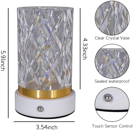 Crystal Table Lamp, Portable LED Bedside Lamp Touch Control, 3 Color Modes Dimmable, USB Rechargeable Night Light, Water Cup Design for Bedroom Living Room Home Decor