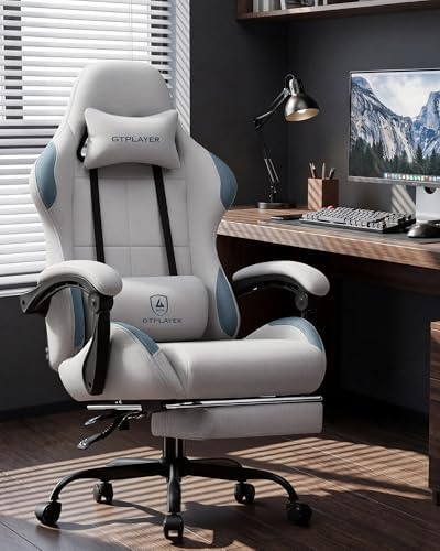 GTPLAYER Gaming Chair Fabric with Pocket Spring Cushion,Computer Office Chair with Lumbar Support for Adults Linkage Armrests and Footrest Ergonomic Gamings Chairs Height Adjustable Silver Grey