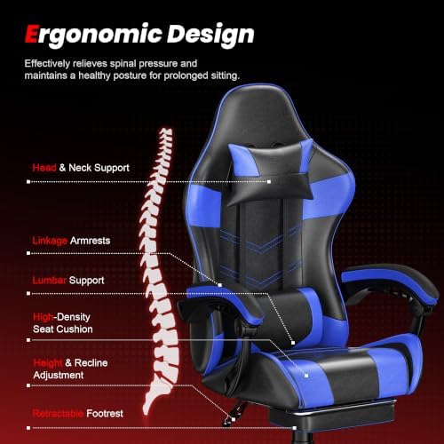 Gaming Chair with Footrest, Ergonomic Video Game Chair for Adults, Blue