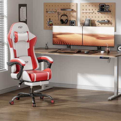HLDIRECT High Back Gaming Chair, USB Massage Lumbar Support, White&Red