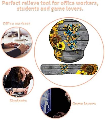 Keyboard Wrist Rest Pad and Mouse Pad Wrist Rest Support Set, Ergonomic Gaming Mousepad Durable Smooth Surface Non-Slip Base Sunflower Butterfly Design for Computer Laptop Home Office + Cute Coasters