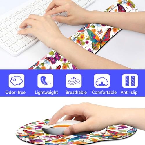 Keyboard Wrist Rest and Mouse Pad Wrist Support Set with Coaster,Ergonomic Mouse Pad,Comfortable for Easy Typing, Pain Relief,Memory Foam Keyboard Pad Set for Laptop Mac,Colorful Butterfly and Flower