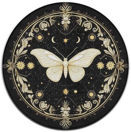 Women's Large Home Decor Mat, Soft Round Yoga Carpet, Non Slip Machine Washable Home Office Circle Rug Moth Gothic Witchy Sun Moon